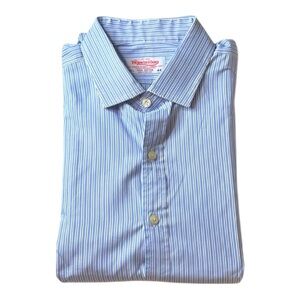 T.M.Lewin Shirt Mens 17.5/44 Blue Striped Collared Long Sleeve